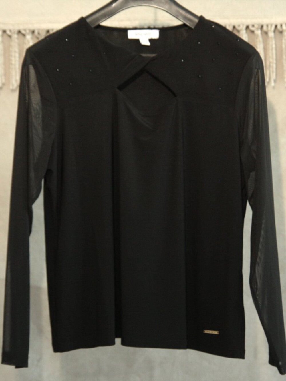 Nine West Black Open Chest Mesh Sleeved Top
